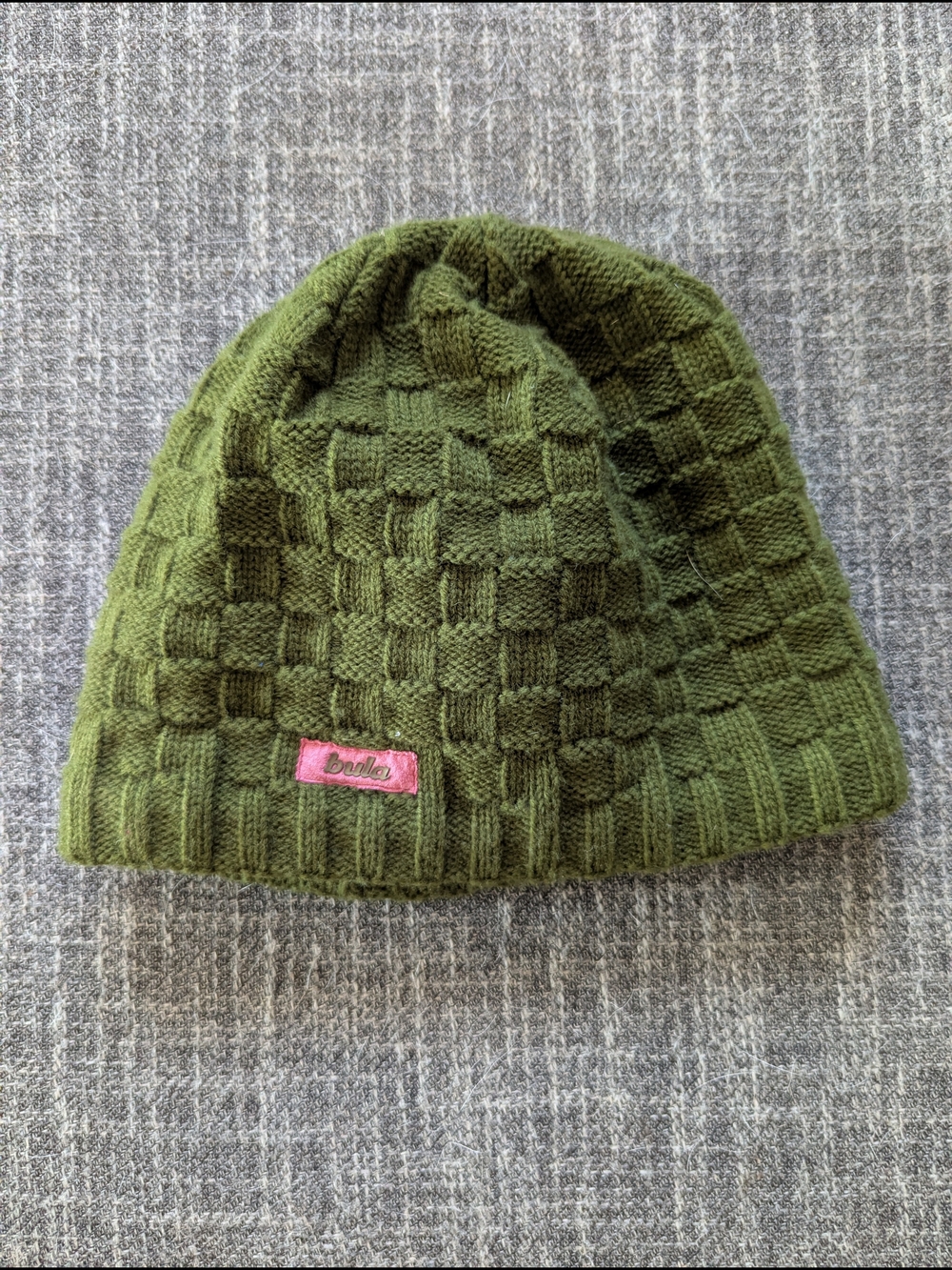 Olive Green Knit Beanie with Pink Logo Patch